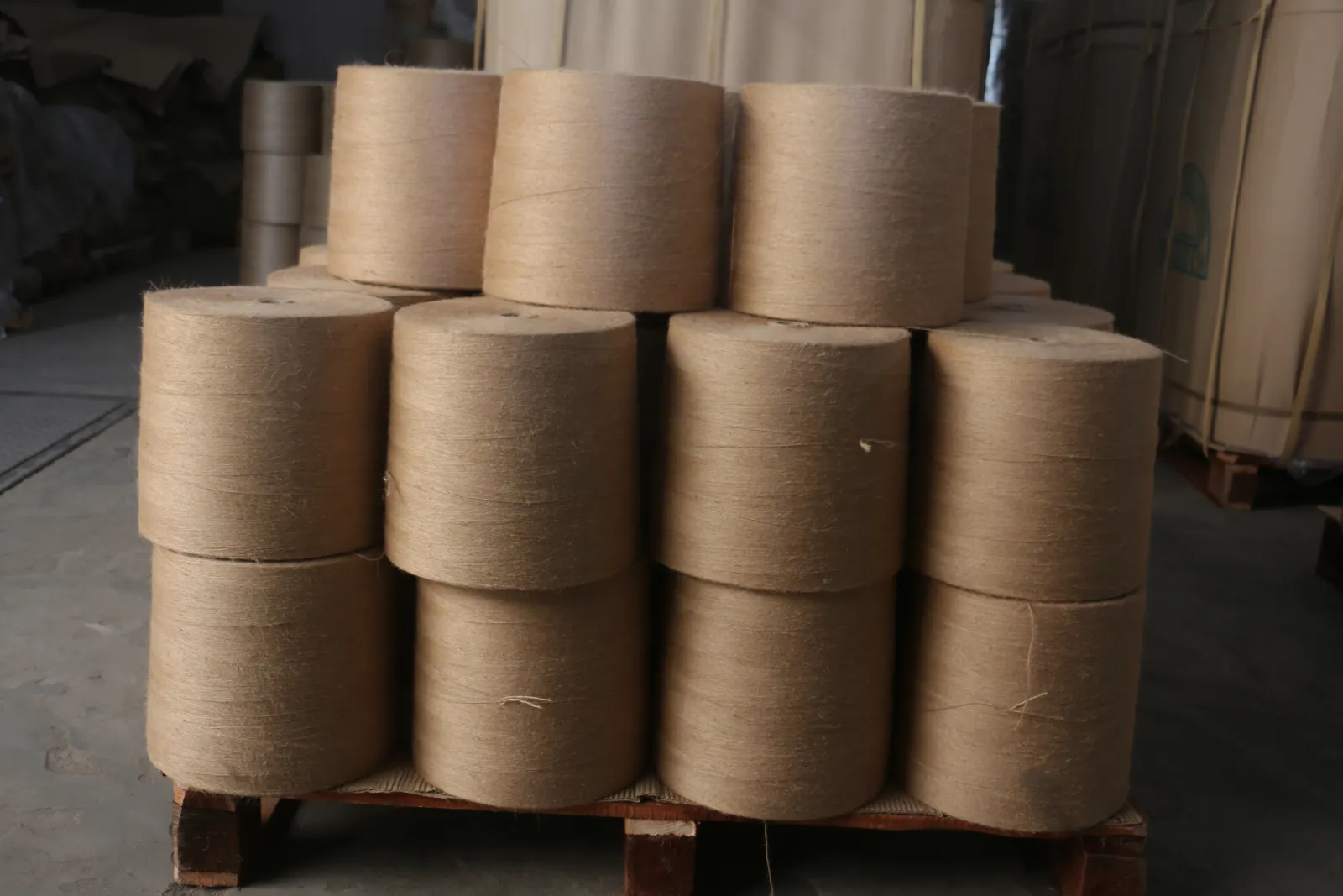 Rolls of jute yarn for Turkey's carpet industry, manufactured in Bangladesh